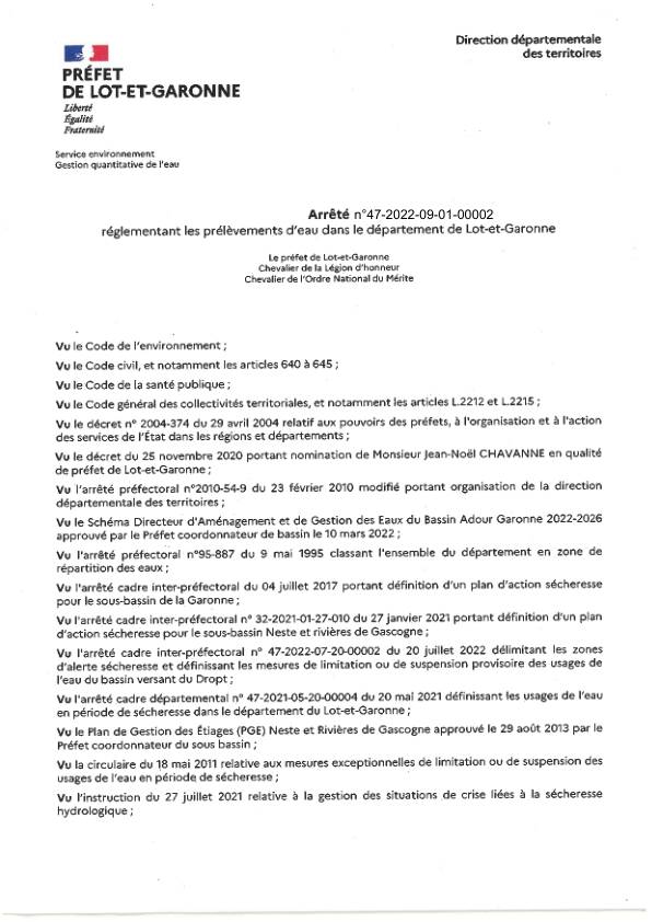 Arrêté Préfectoral Restrictions Utilisation Eau mise à jour du 1 Sept 2022