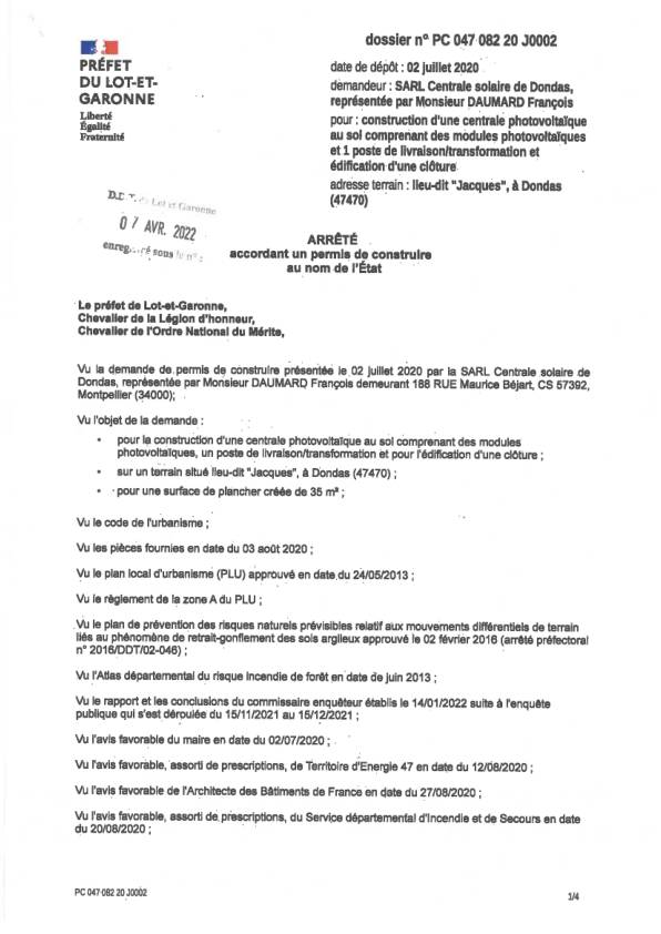 Permis de construire  Préfecture pour la Centrale Photovoltaïque  "Carrière" de Dondas
