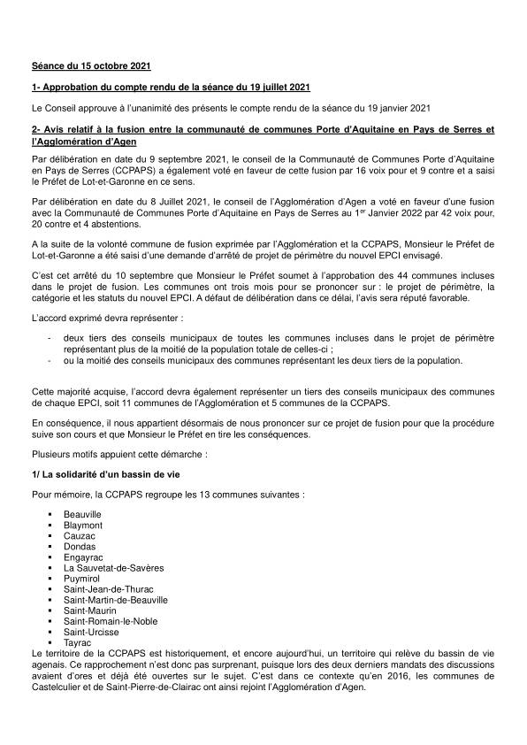 Compte rendu du conseil municipal du 15 octobre 2021