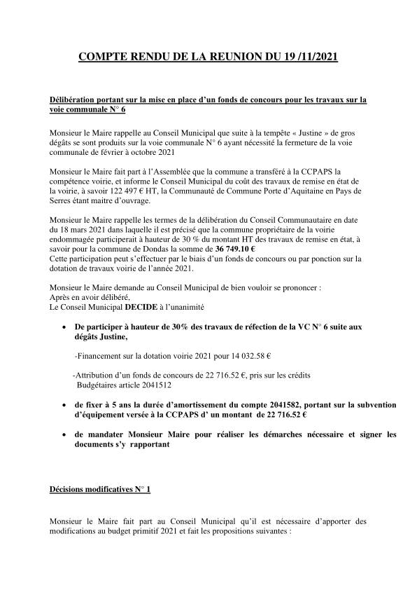 Compte rendu du conseil municipal du 19 novembre 2021