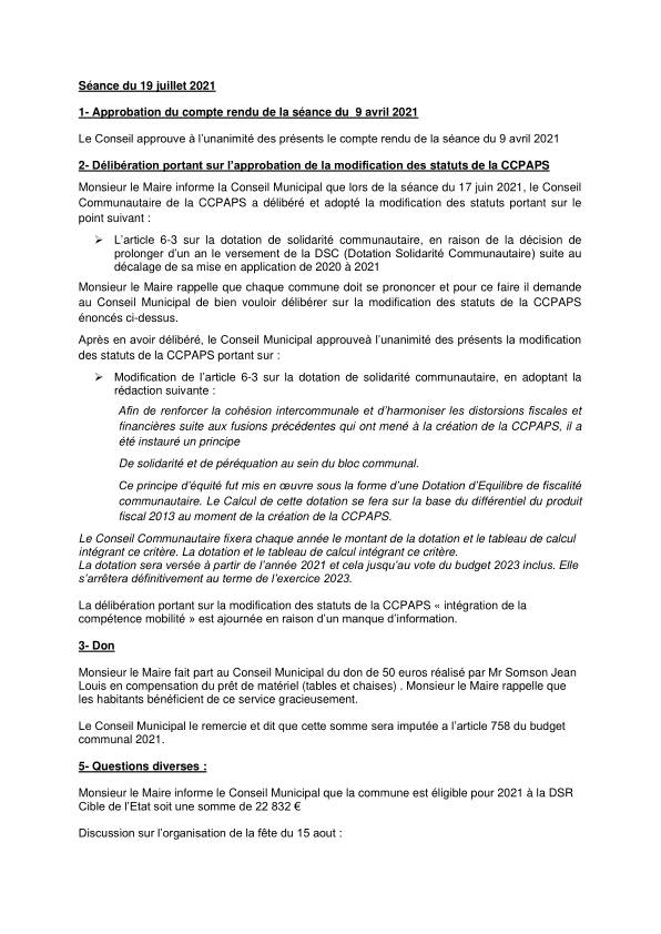 Compte rendu du conseil municipal du 19 juillet 2021