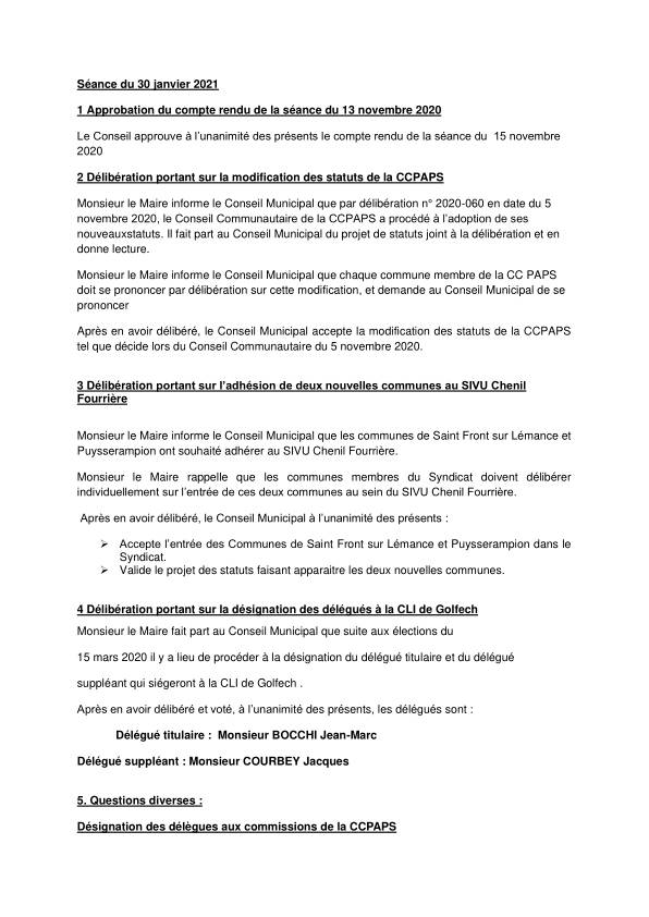 Compte rendu du conseil municipal du 30 janvier 2021