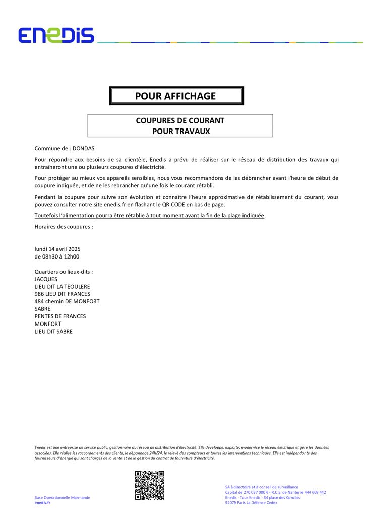 Coupure ENEDIS du 14 Avril 2025 Lieu-dit JACQUES