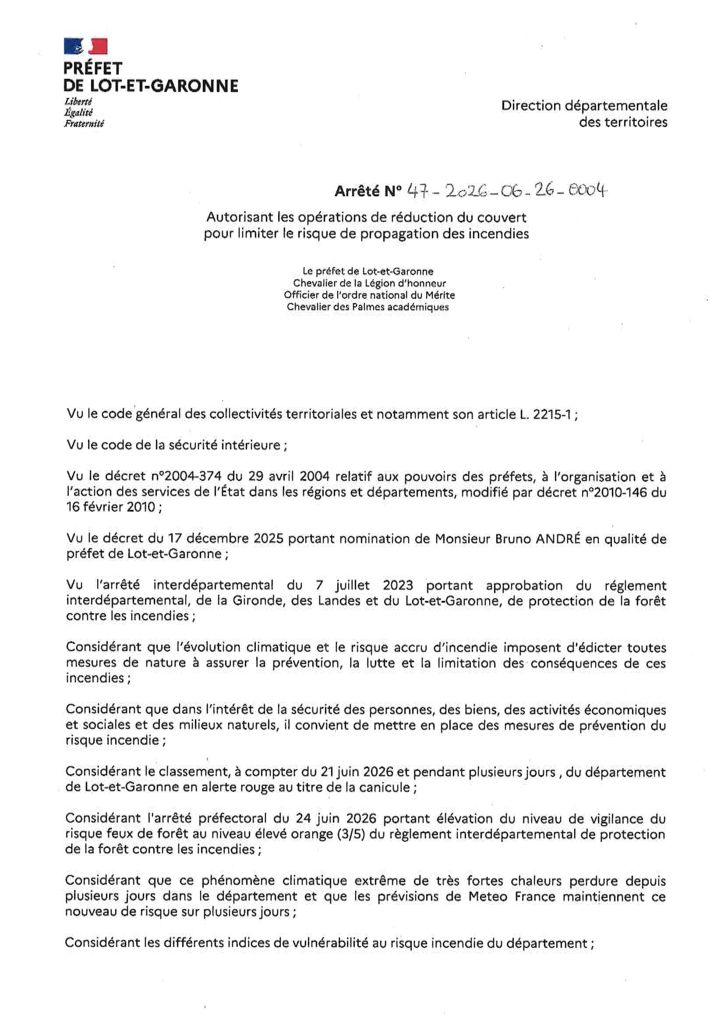 Arr&ecirc;t&eacute; pr&eacute;fectoral - R&eacute;duction du couvert et Pr&eacute;vention des risque incendies
