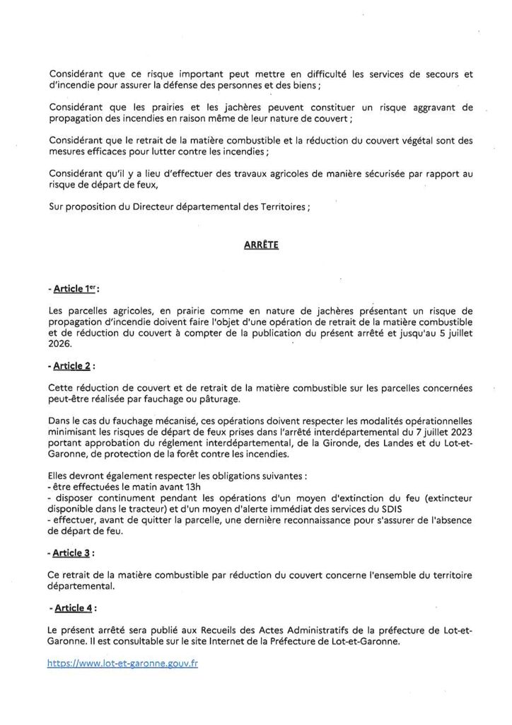 Arr&ecirc;t&eacute; pr&eacute;fectoral - R&eacute;duction du couvert et Pr&eacute;vention des risque incendies