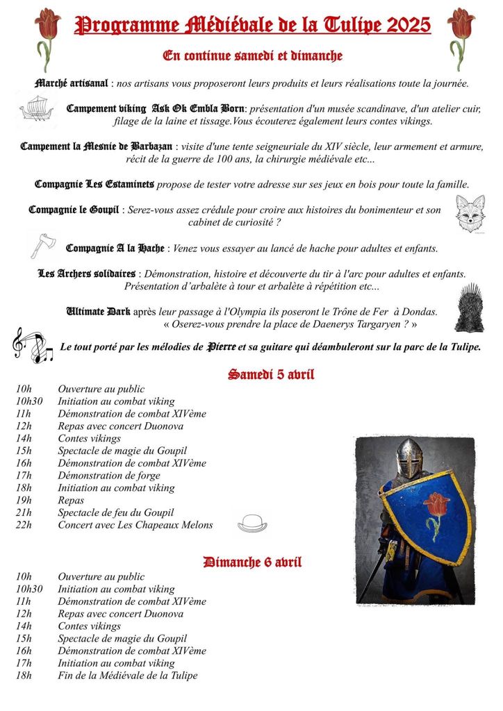 Programme Fête Médiévale de la Tulipe à Dondas les 5 et 6 avril 2025