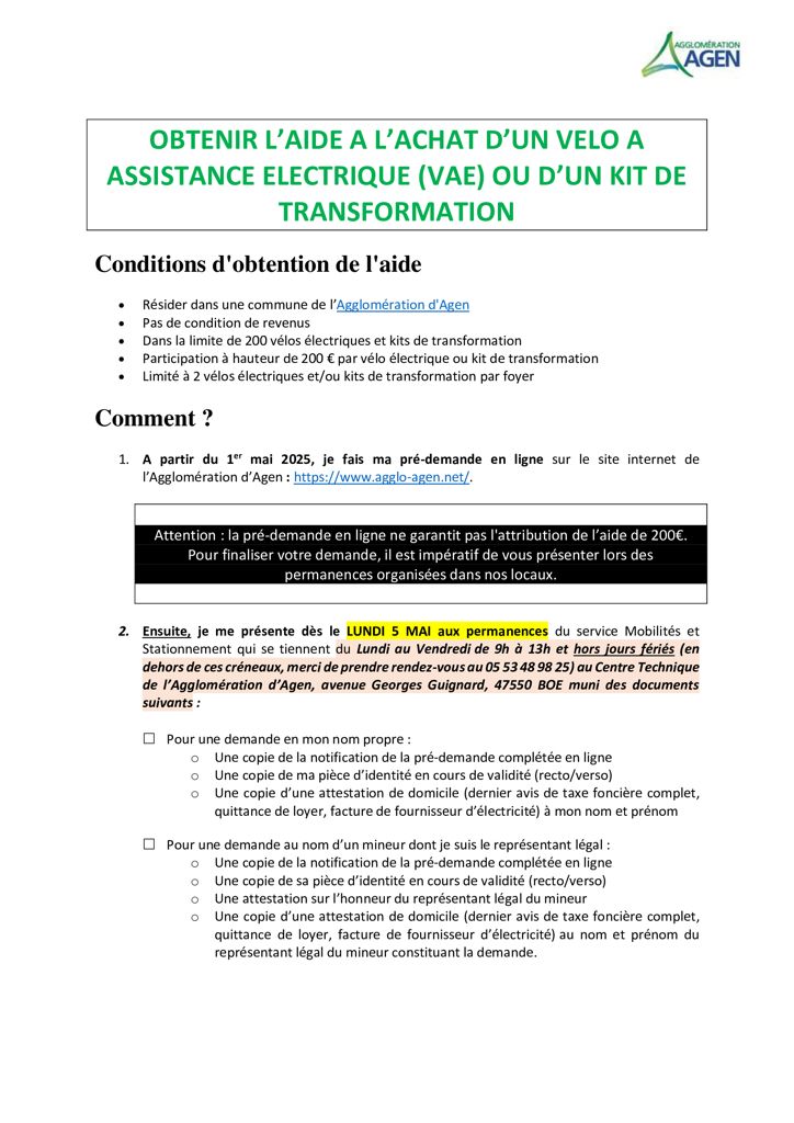 Aide achat d'un Vélo à Assistance Electrique -VAE- par l'Agglomération d'AGEN P1