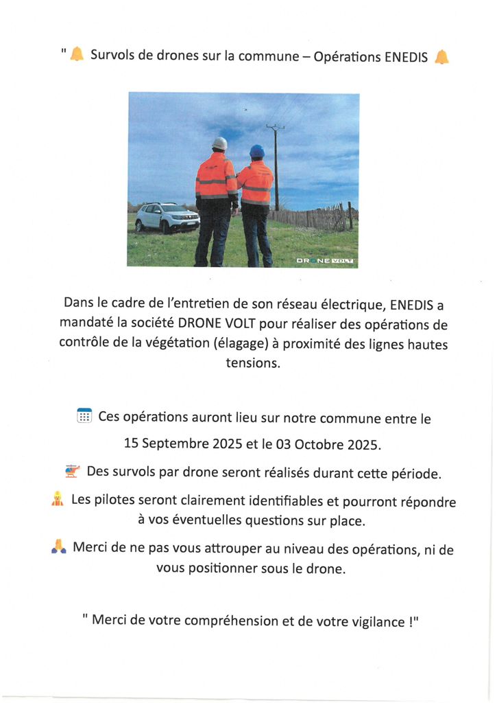 ENEDIS: Contrôle végétation (élagage) par  drones du 15 septembre au 03 octobre 2025