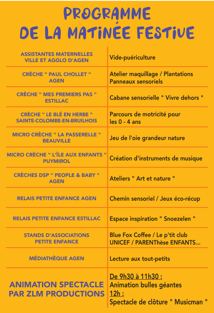 Programme Matinée Festive Petite Enfance le 1er juin 2024 de 9h à 12:30, Agen