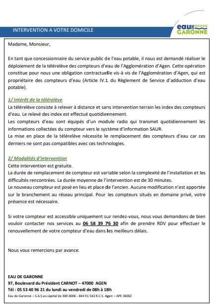 Installation compteurs par "Eau de Garonne", mise en œuvre télérelève