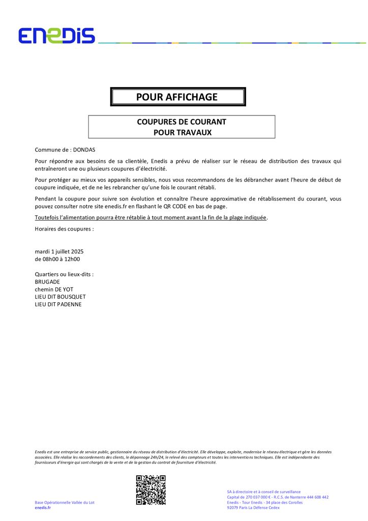 Coupure ENEDIS 1 juillet 2025