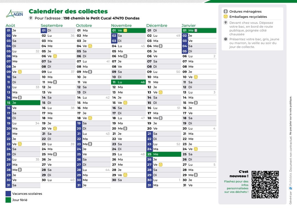 Calendrier collecte Dondas deuxième semestre