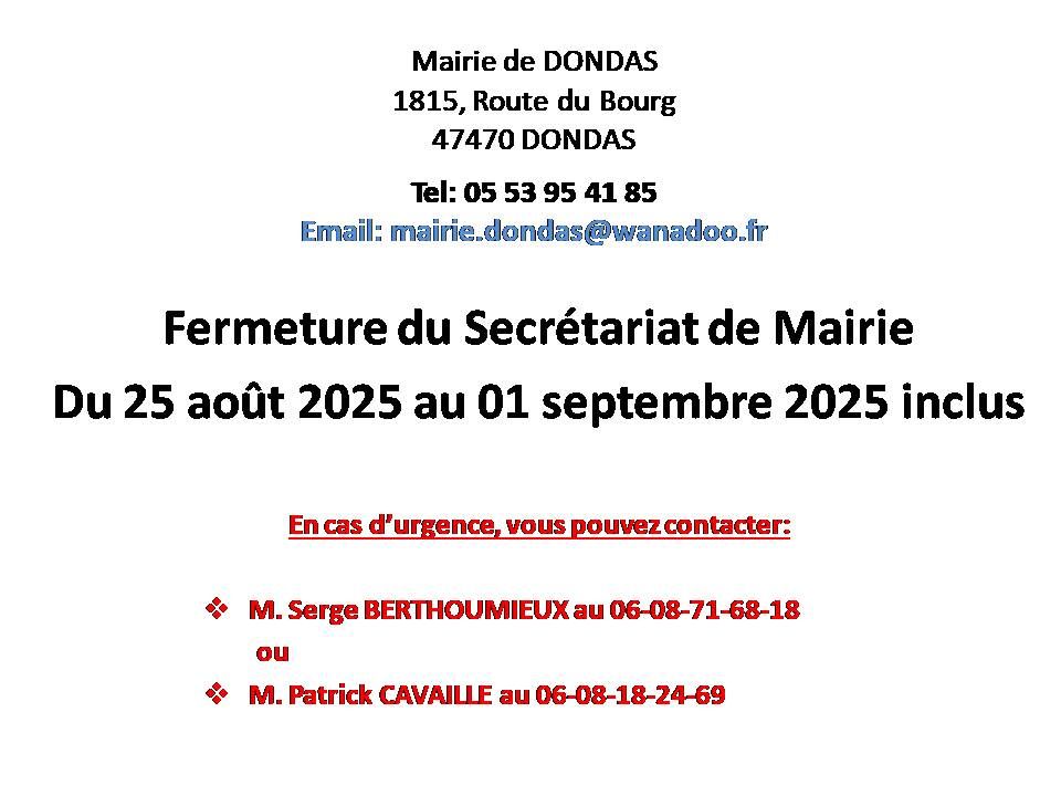 Fermeture du secrétariat de Mairie; du 25 août 2025 au 01 septembre 2025 inclus