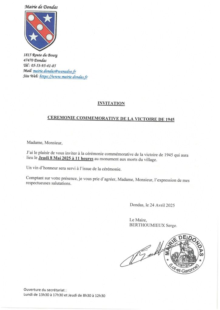 Invitation cérémonie commémorative Victoire 8 mai 1945 Mairie de Dondas