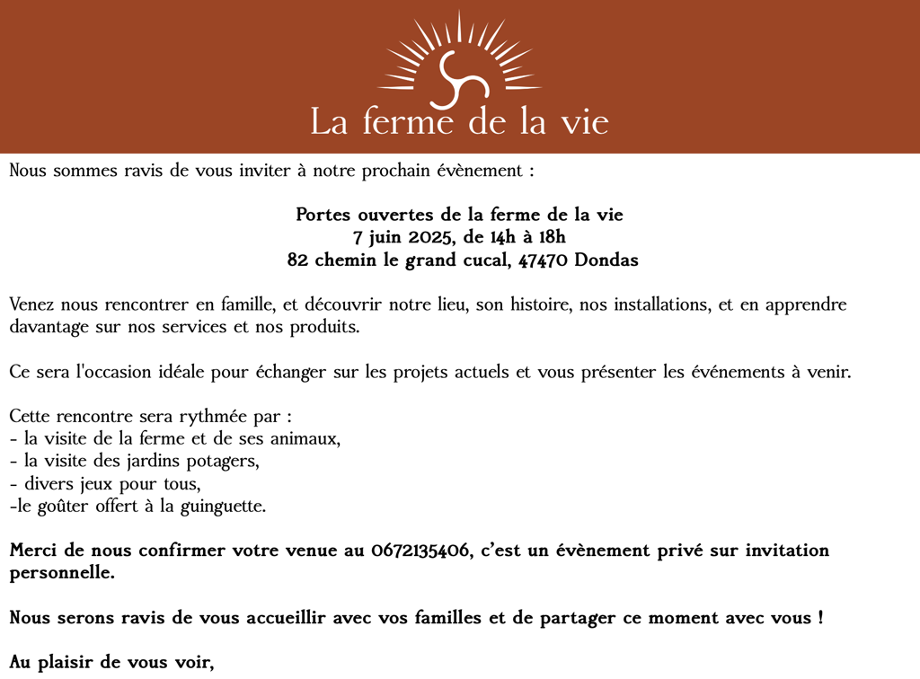 Lettre Invitation Portes Ouvertes à la "Ferme de la Vie"  -DONDAS-Le Grand Cucal-