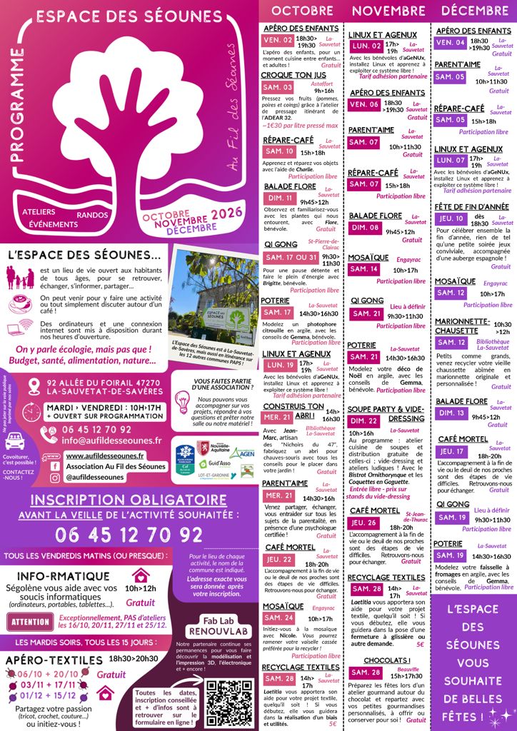 Programme dernier trimestre 2026 Espace des Séounes