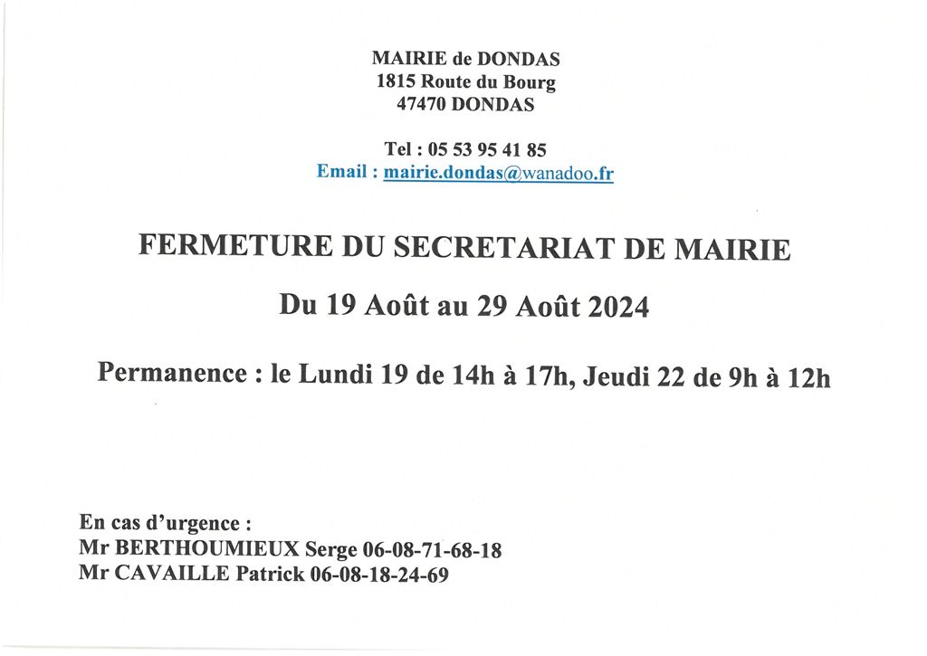 Détails fermeture secrétariat de la Mairie du 19 au 29 août 2024