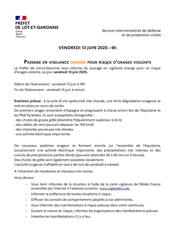 Arrêté Préfectoral ALERTE ORANGE orages du 13 juin 2025 P1