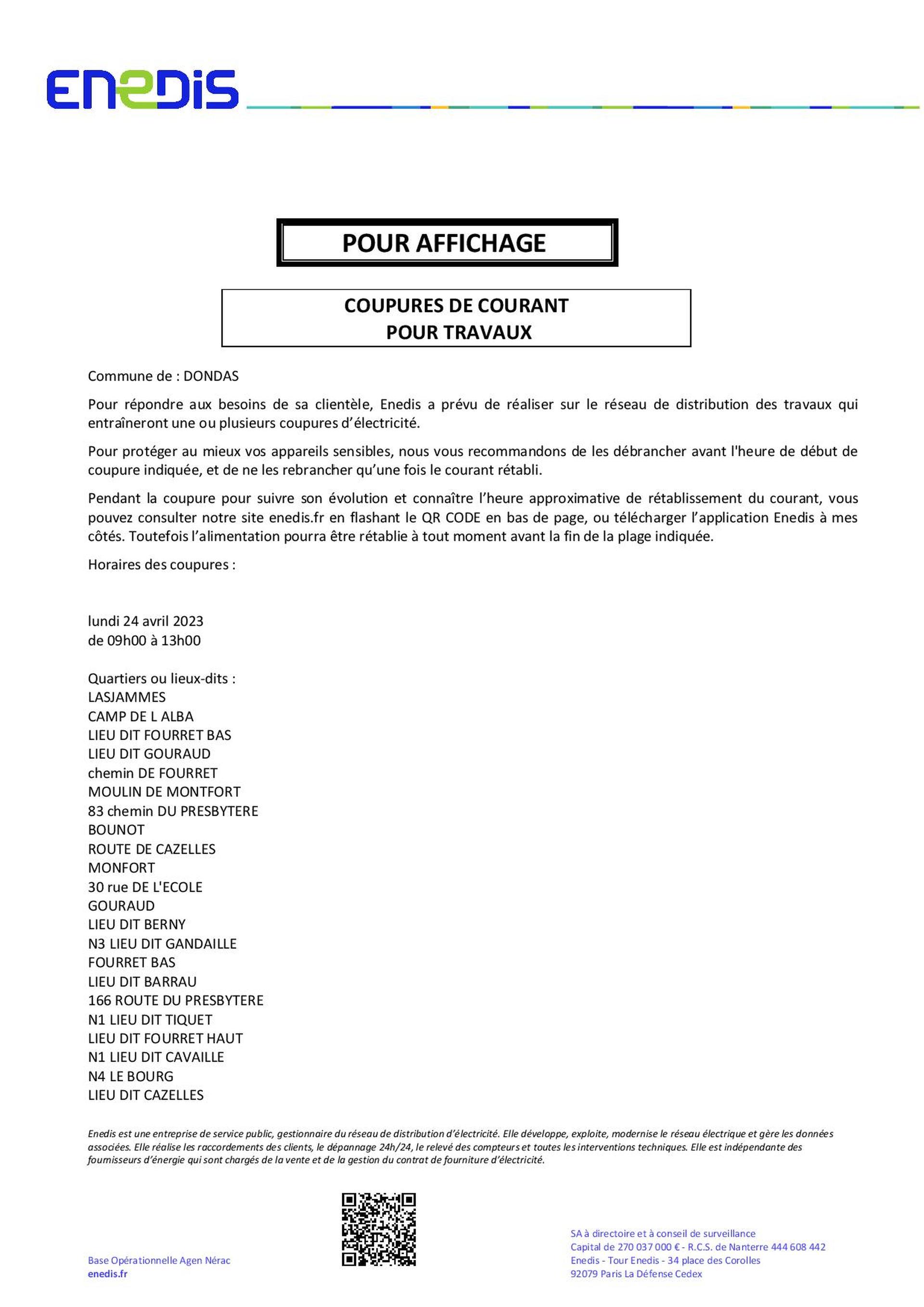 Coupure ENEDIS 24 Avril 2023 - Mairie de Dondas Avis coupure ENEDIS du 24 Avril 2023