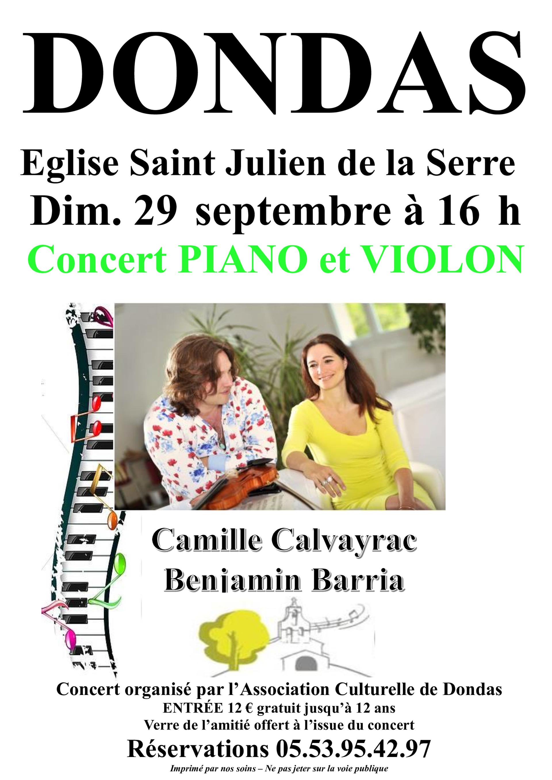 Concert Piano et Violon en l'église Saint-Julien de la Serre - Dondas, 29 septembre 2024 à 16h00 - ACD Concert Piano et Violon en l'église Saint-Julien de la Serre - Dondas
