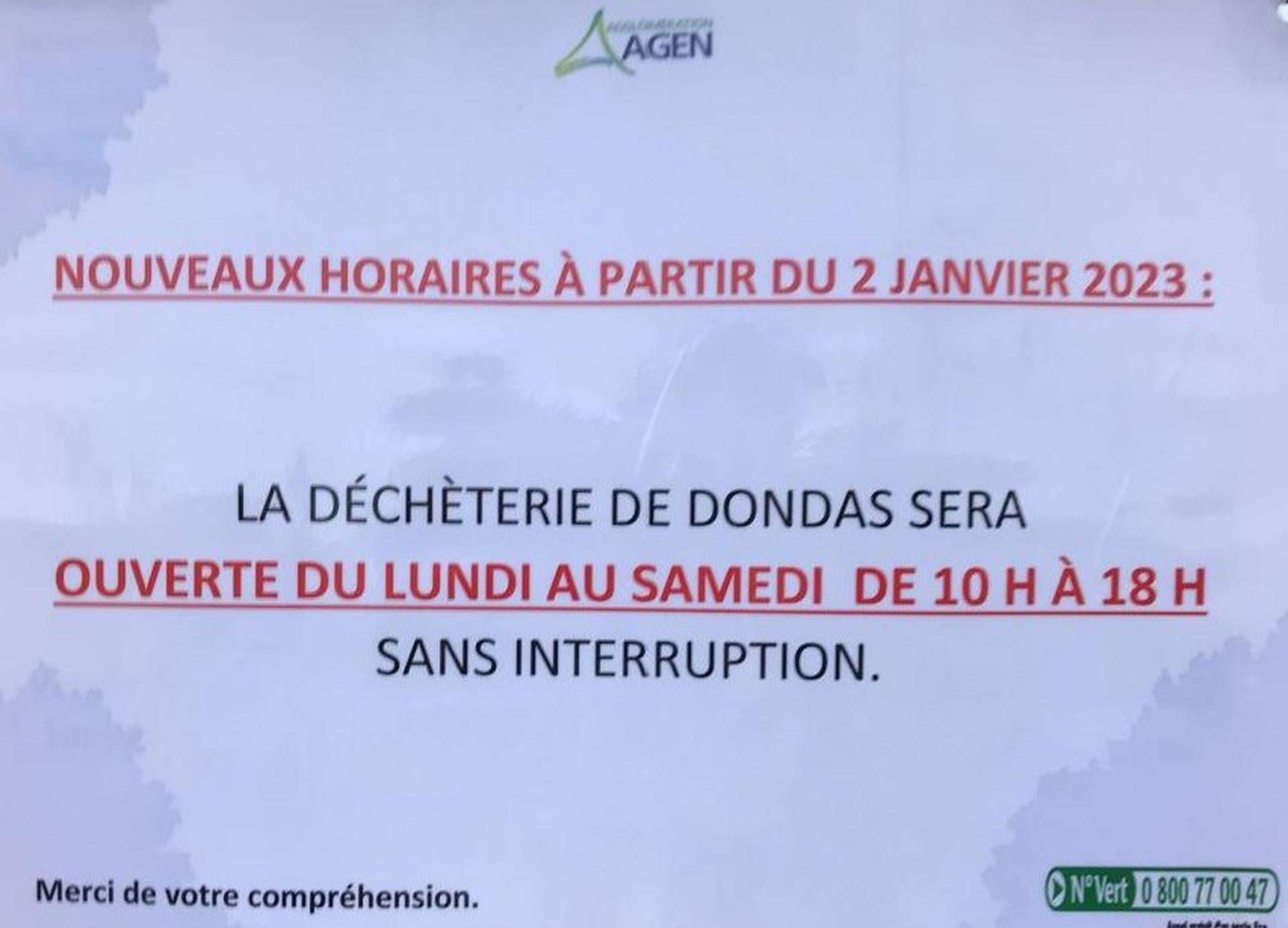 Nouveaux horaires déchèterie Dondas